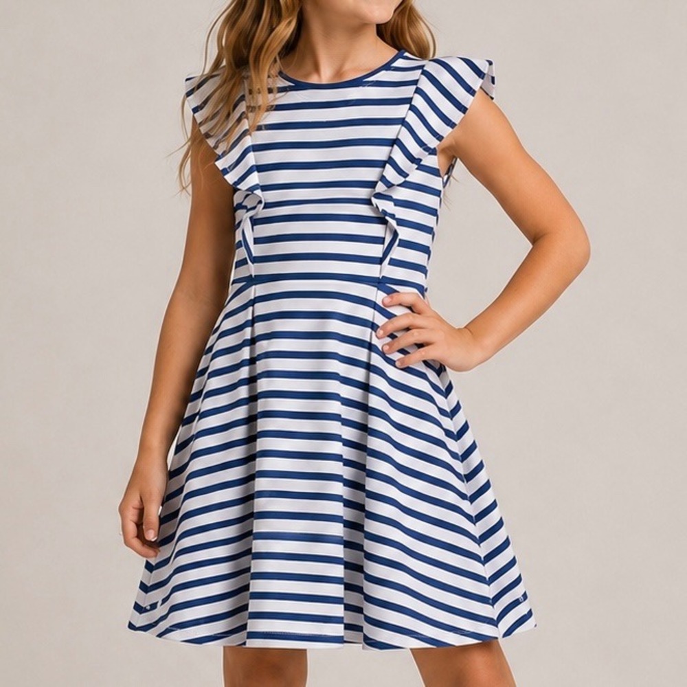 Polo Ralph Lauren Girls Blue White Stripe Ruffle Fit Flare Dress Sz 12-14 Preppy